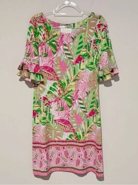 Pappagallo Shift Dress Pink Green Tropical Oasis Palm Leaf
